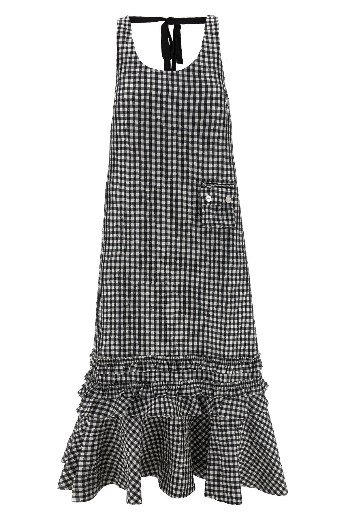 GANNI 36 crinkled check long sleeveless dress in crinkled vichy fabric