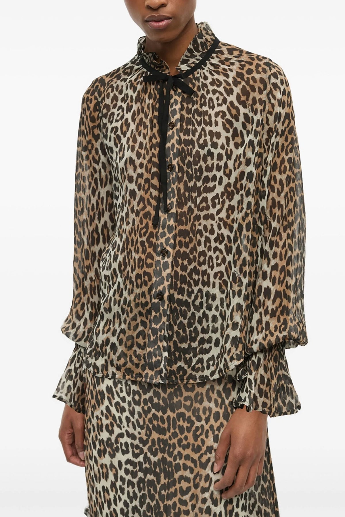 GANNI 34 leopard print chiffon tie string shirt in light viscose semi-transparent leopa