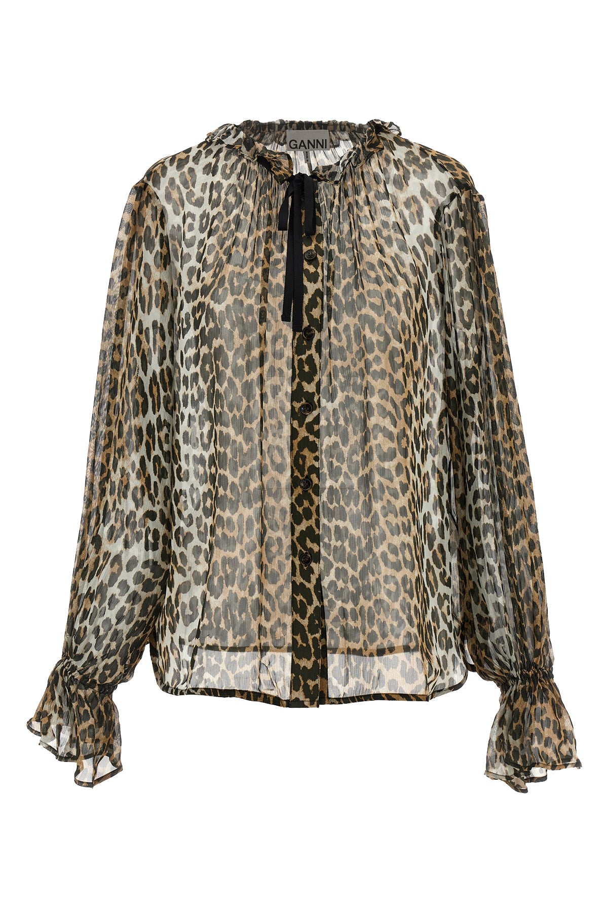 GANNI 34 leopard print chiffon tie string shirt in light viscose semi-transparent leopa