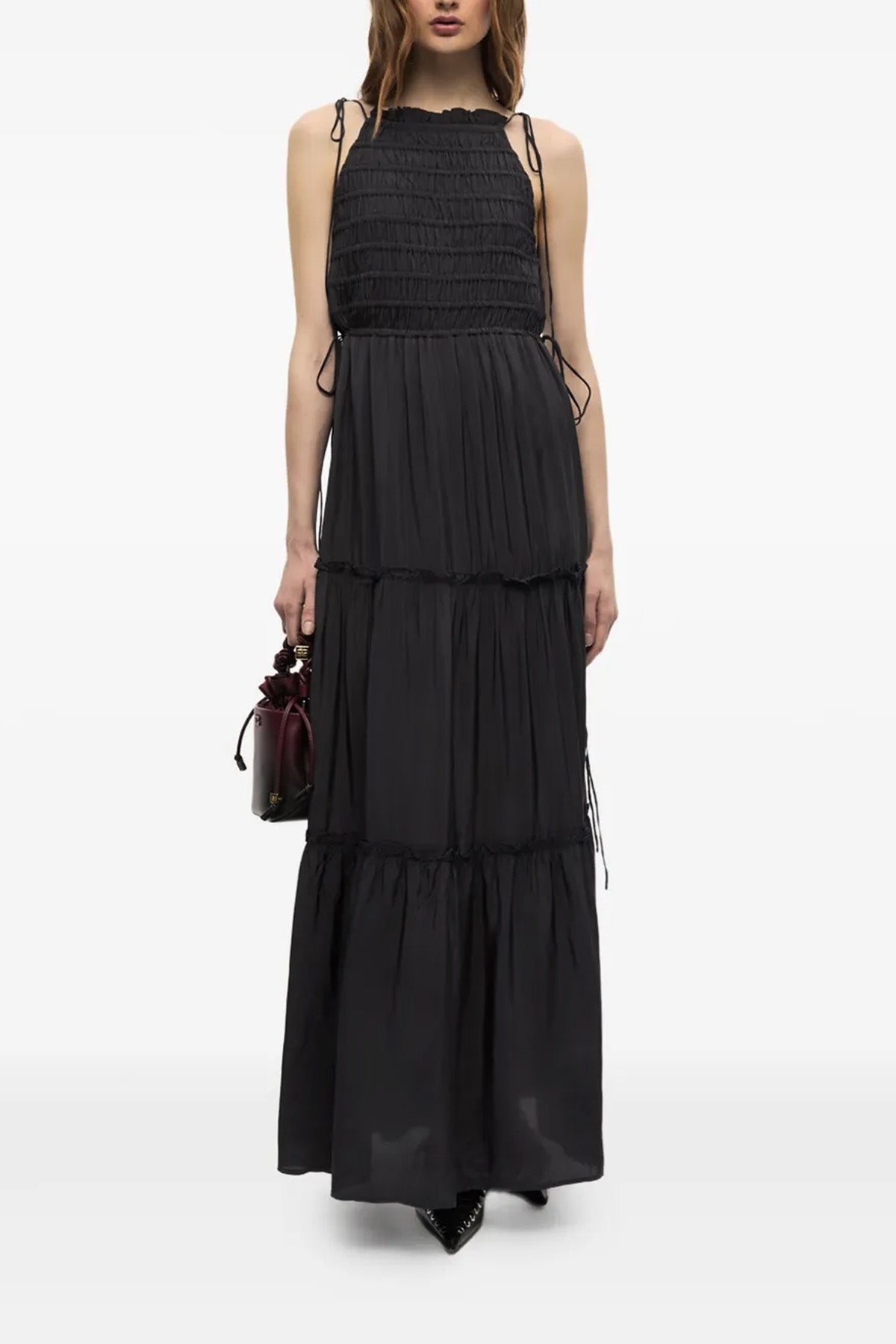 GANNI 34 long viscose dress black smock tie