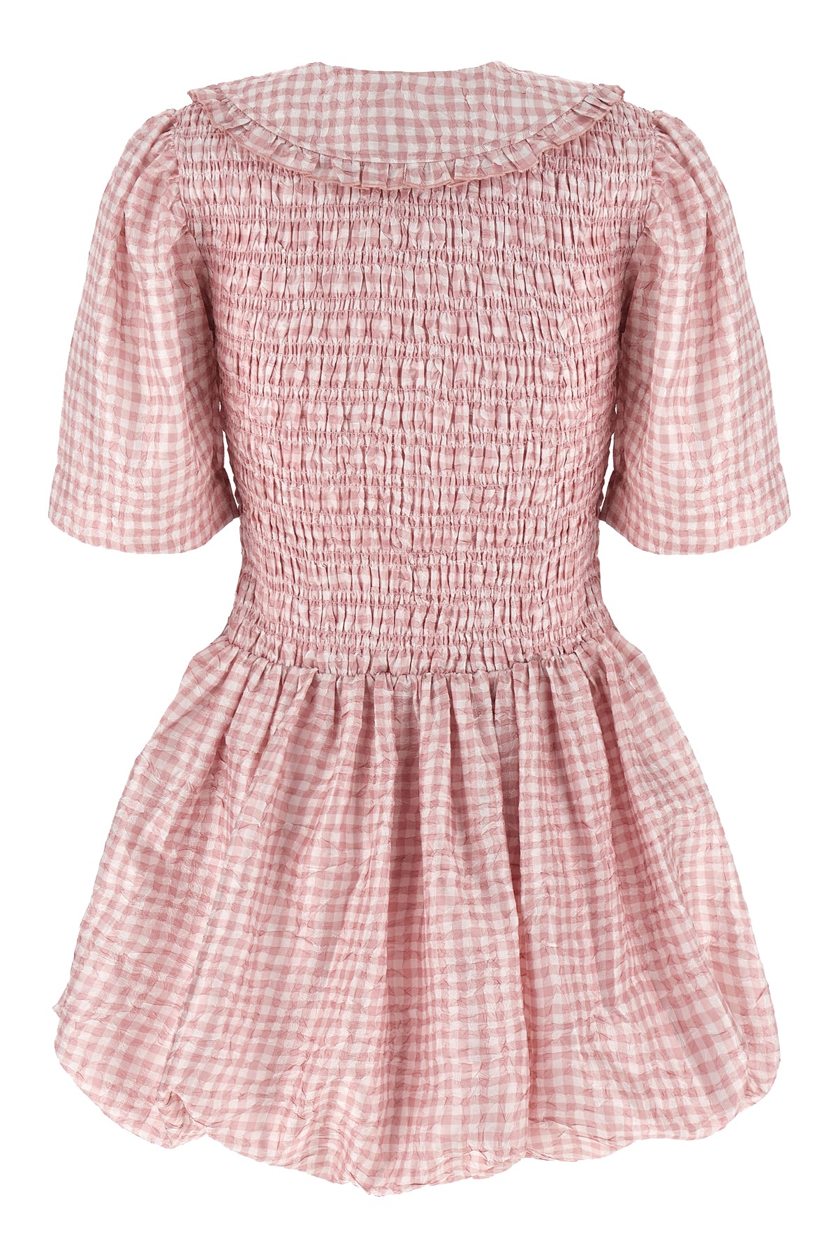 GANNI 36 mini pink check dress in all-over textured check print synthetic fabric