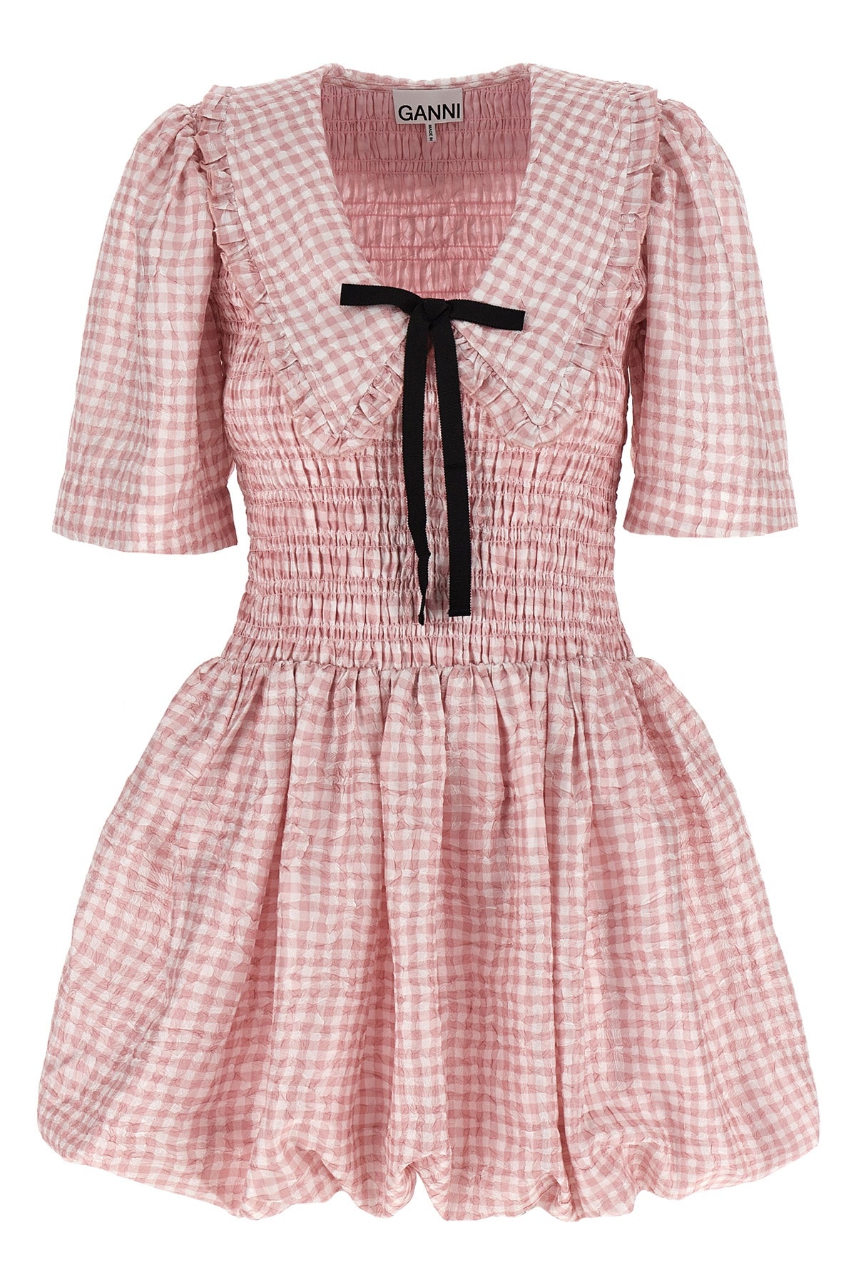 GANNI 36 mini pink check dress in all-over textured check print synthetic fabric
