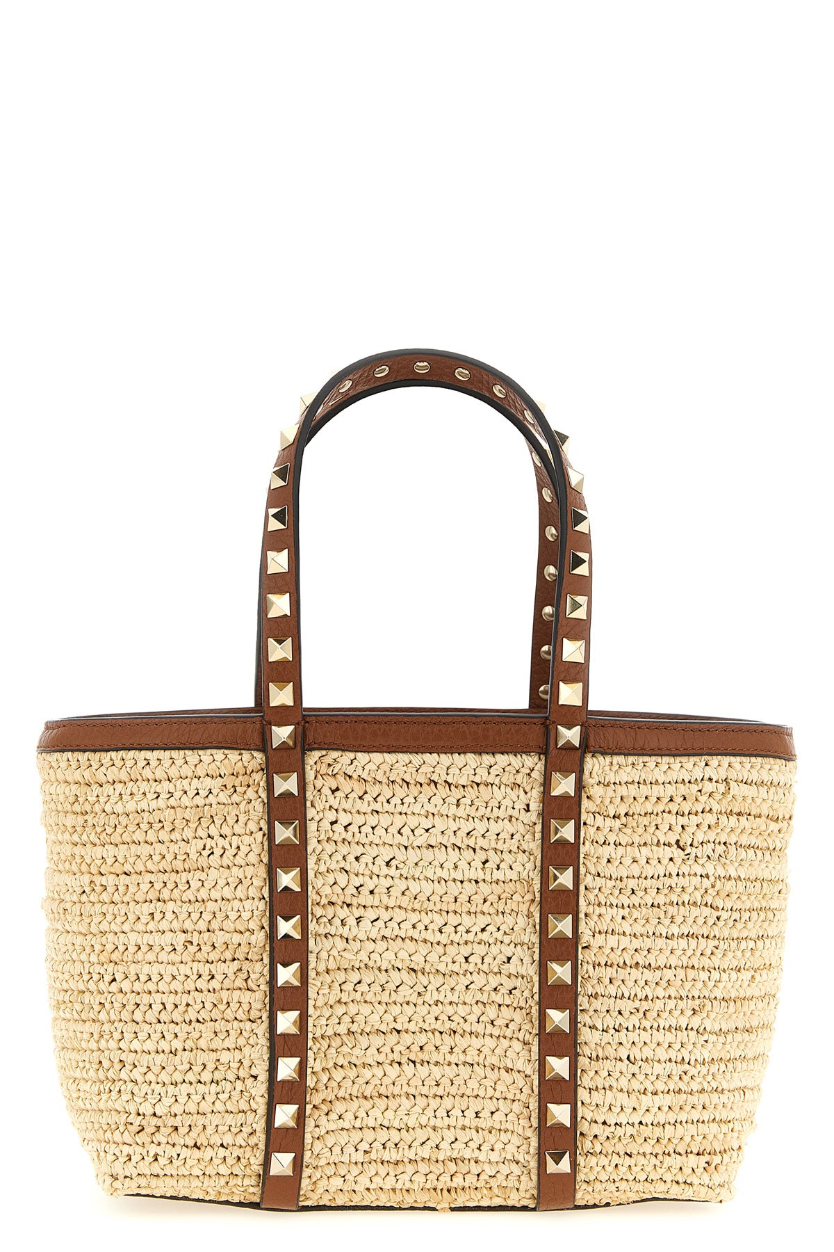 VALENTINO GARAVANI OS rockstud mini shopping bag in natural woven raffia