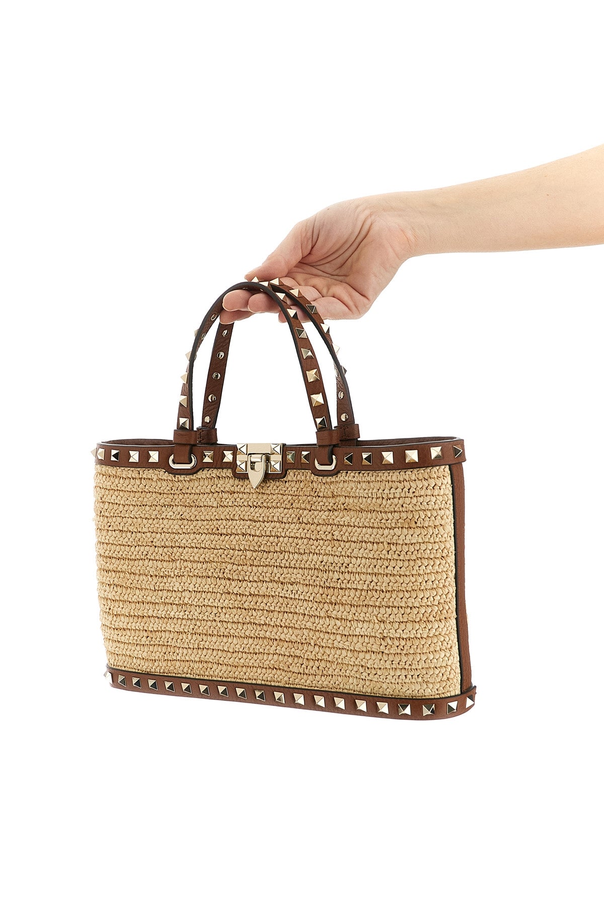 VALENTINO GARAVANI OS small rockstud shopping bag in natural woven raffia