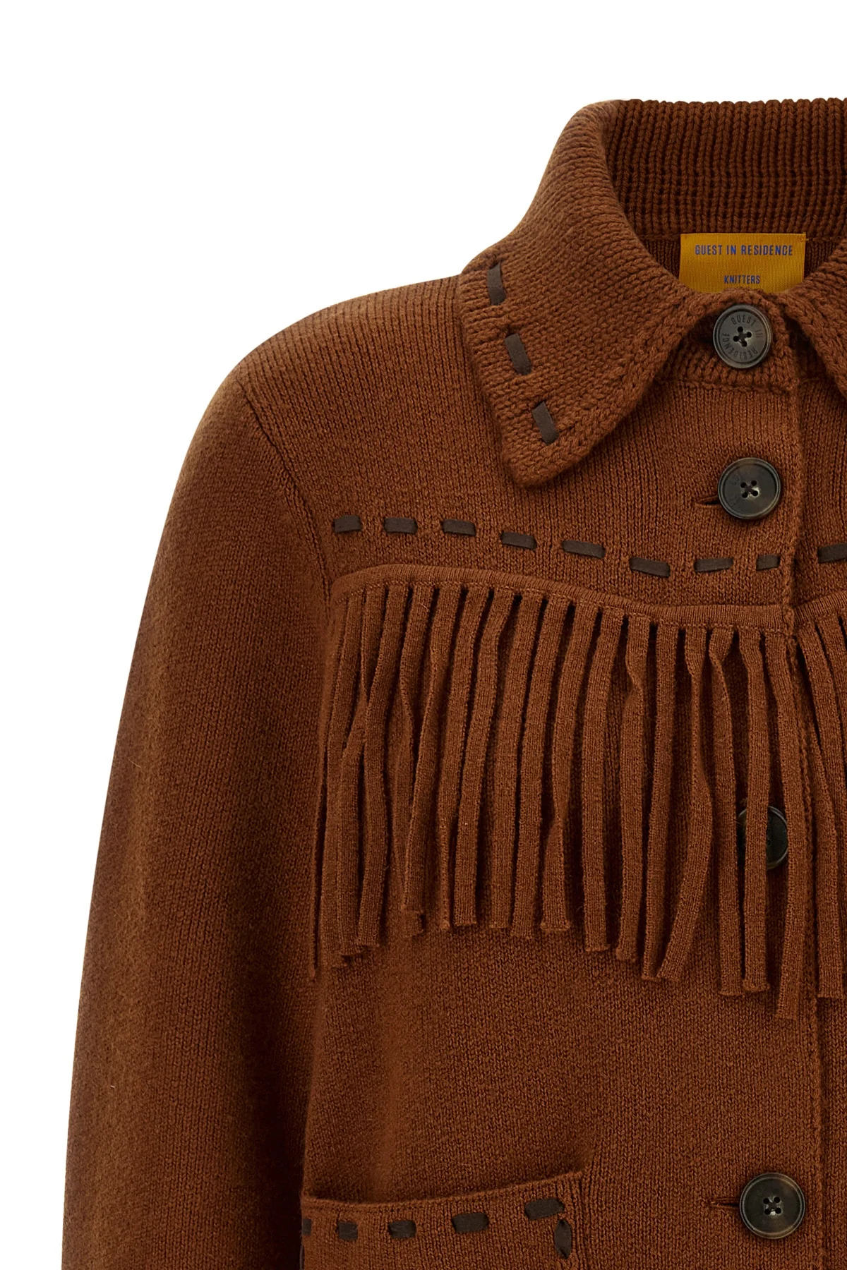 the guest in residence western fringe knitted jacket redefines frontier codes