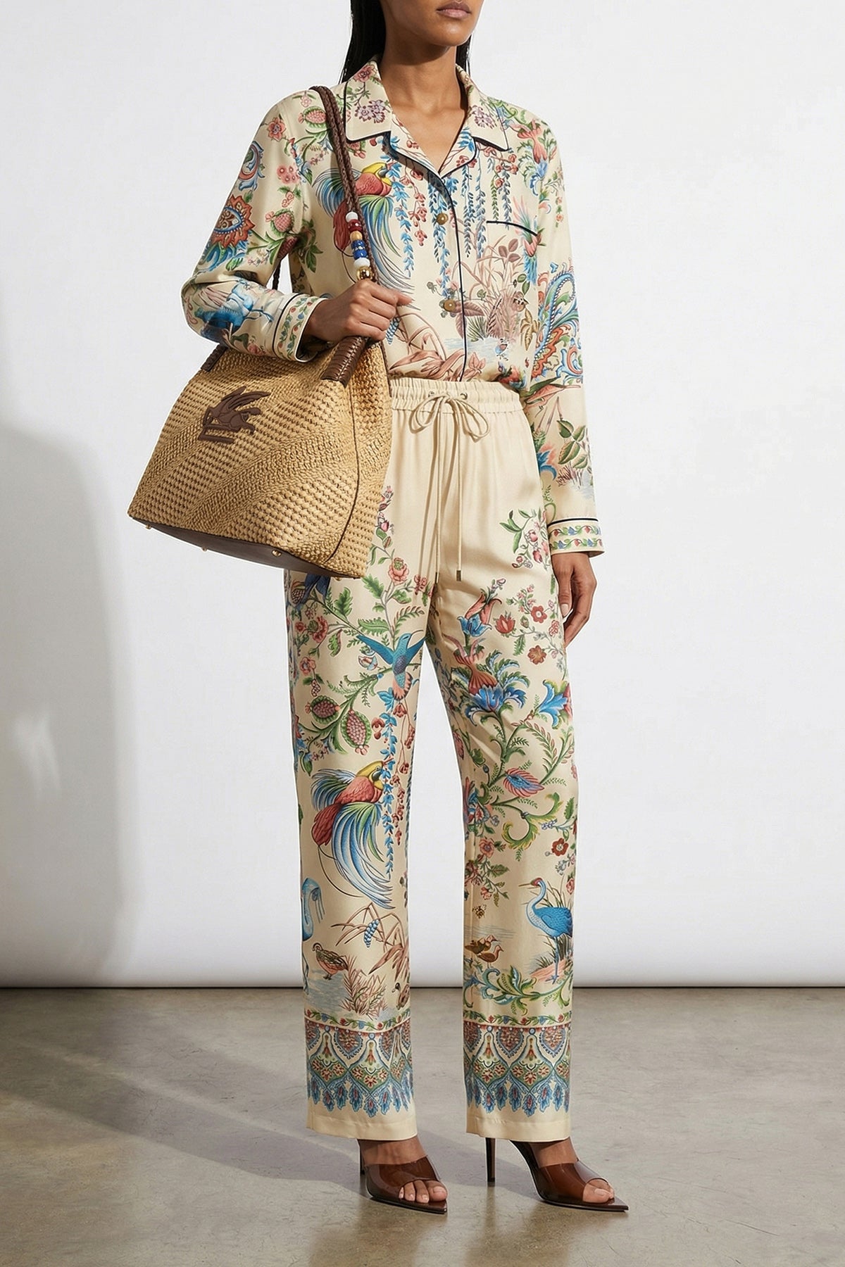 ETRO 40 pants in fluid twill fabric print flora and natural fauna