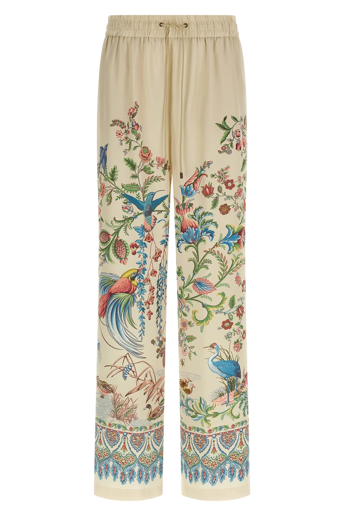 pants in fluid twill fabric print flora and natural fauna