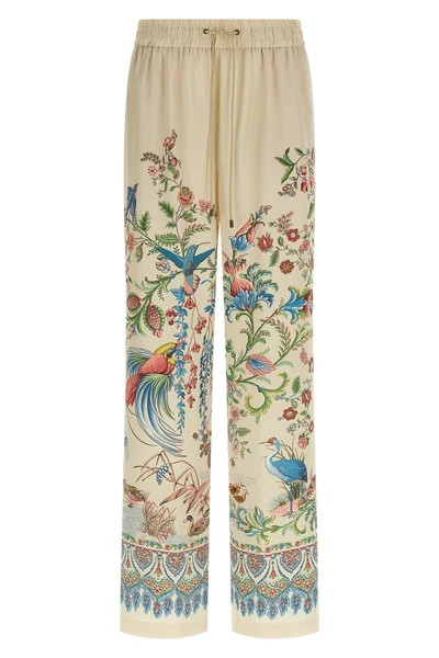 pants in fluid twill fabric print flora and natural fauna
