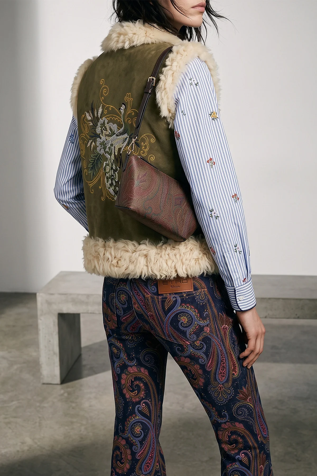 the etro vest in fine shearling stands out for its sartorial construction that e