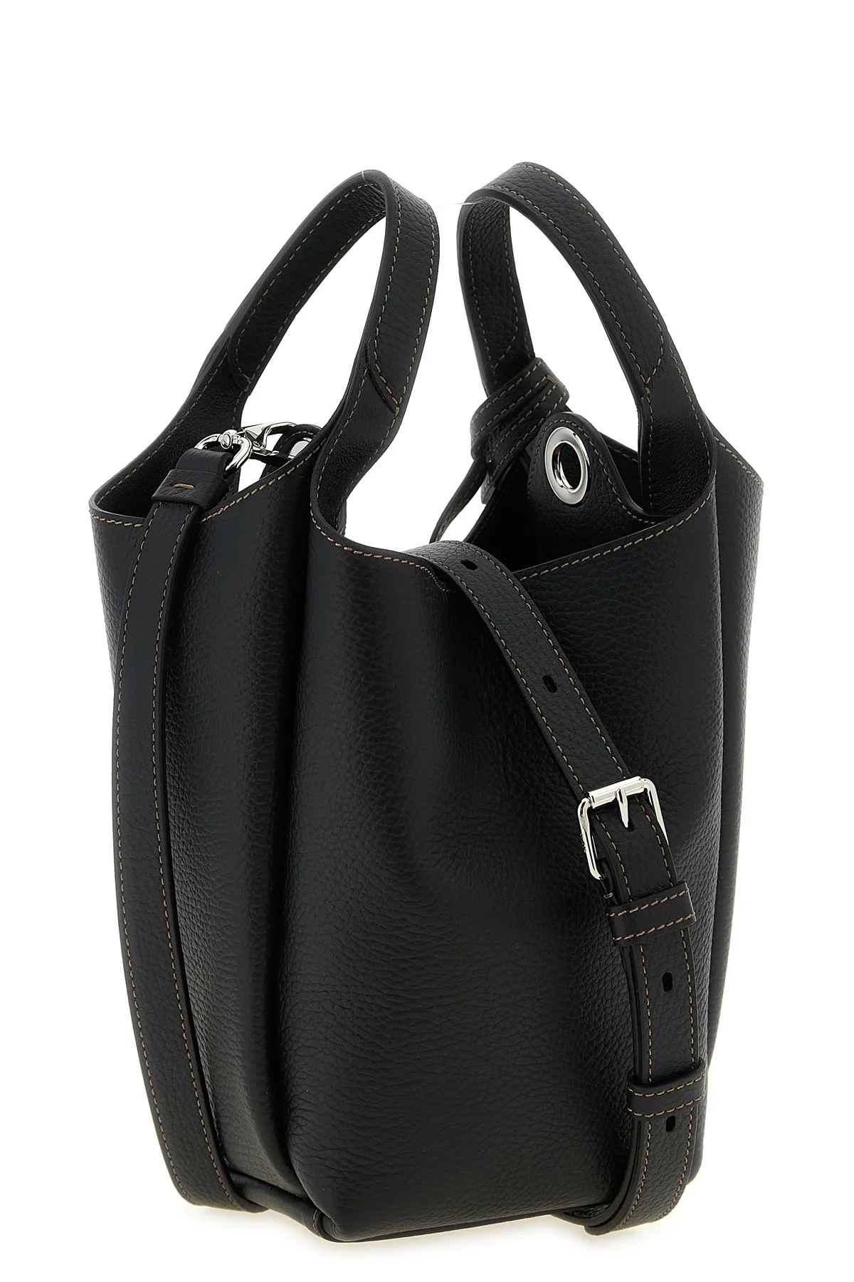 the tods mini bucket bag is made of fine black hammered calf leather