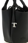 the tods mini bucket bag is made of fine black hammered calf leather