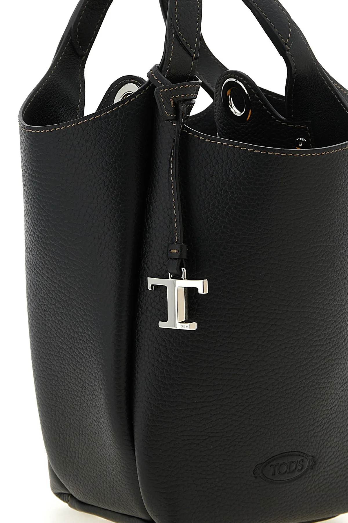 the tods mini bucket bag is made of fine black hammered calf leather