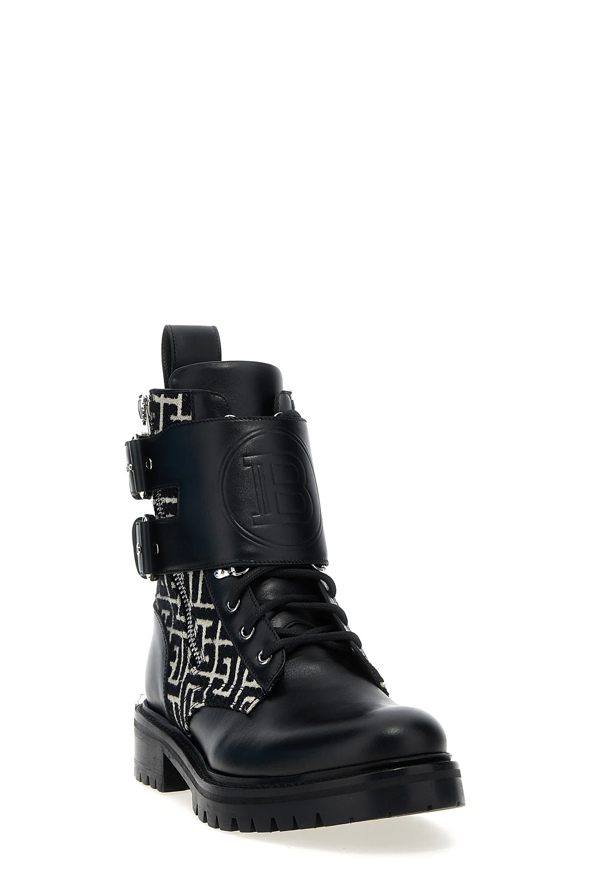 ranger leather and jacquard fabric ankle boots