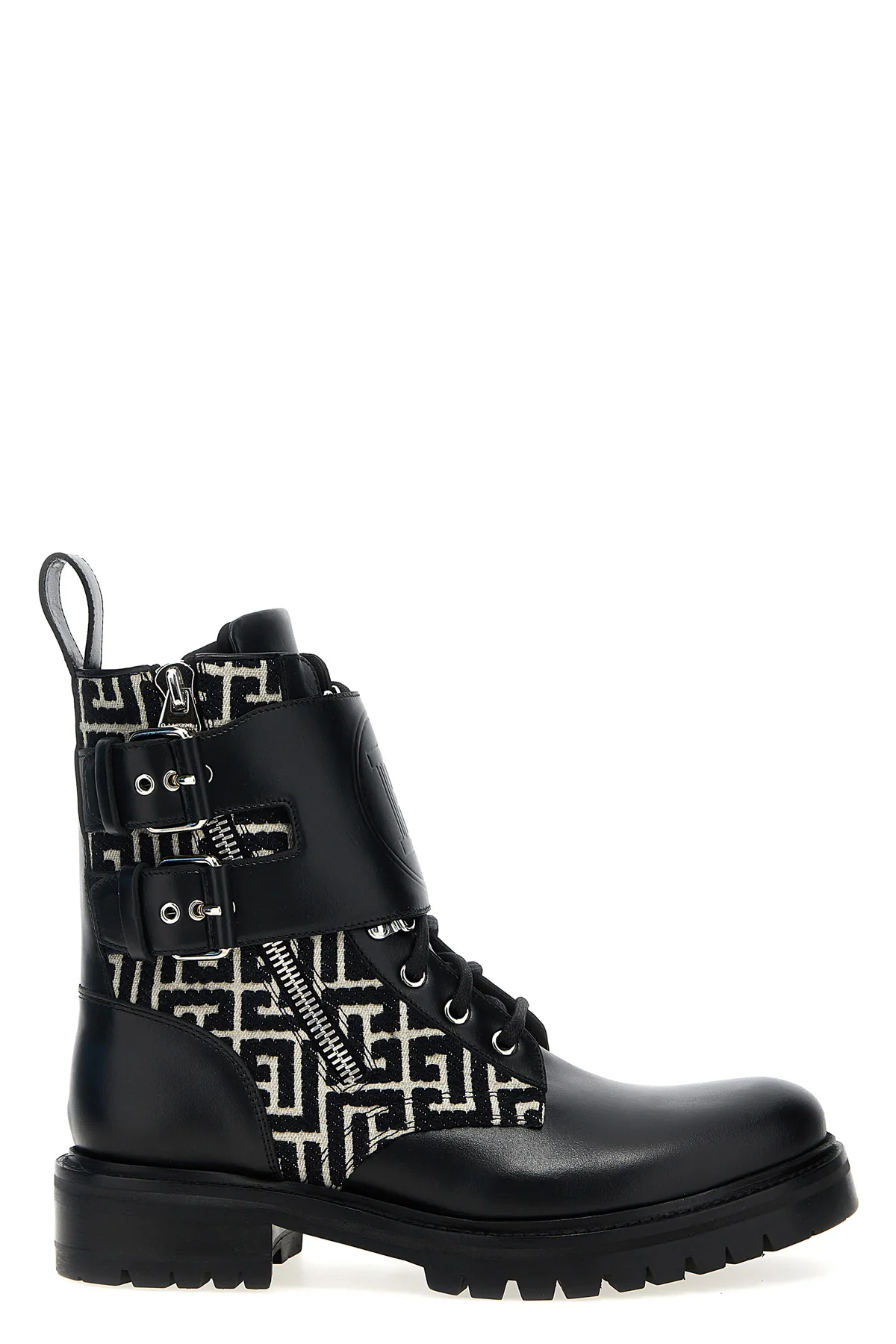 BALMAIN 40 ranger leather and jacquard fabric ankle boots