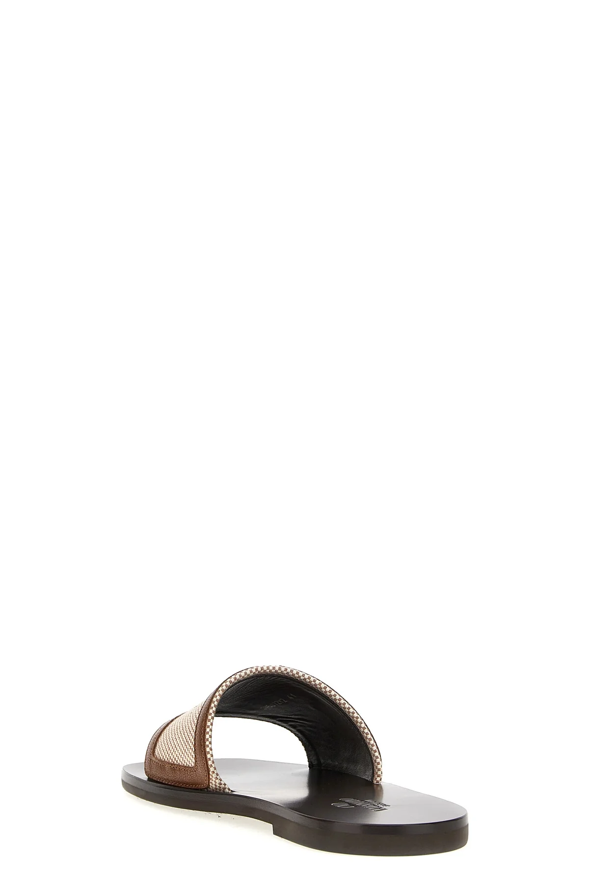 two-tone woven canvas slides and leather vlogo signature