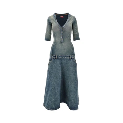denim and ribbed knit low-rise midi dress