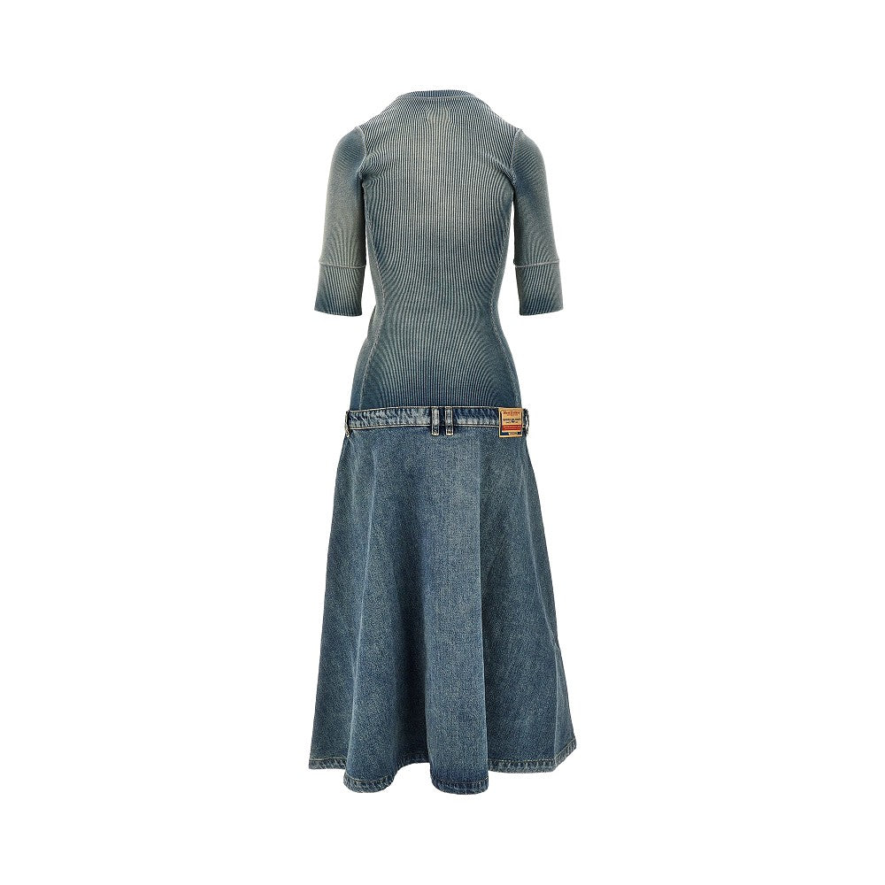 denim and ribbed knit low-rise midi dress