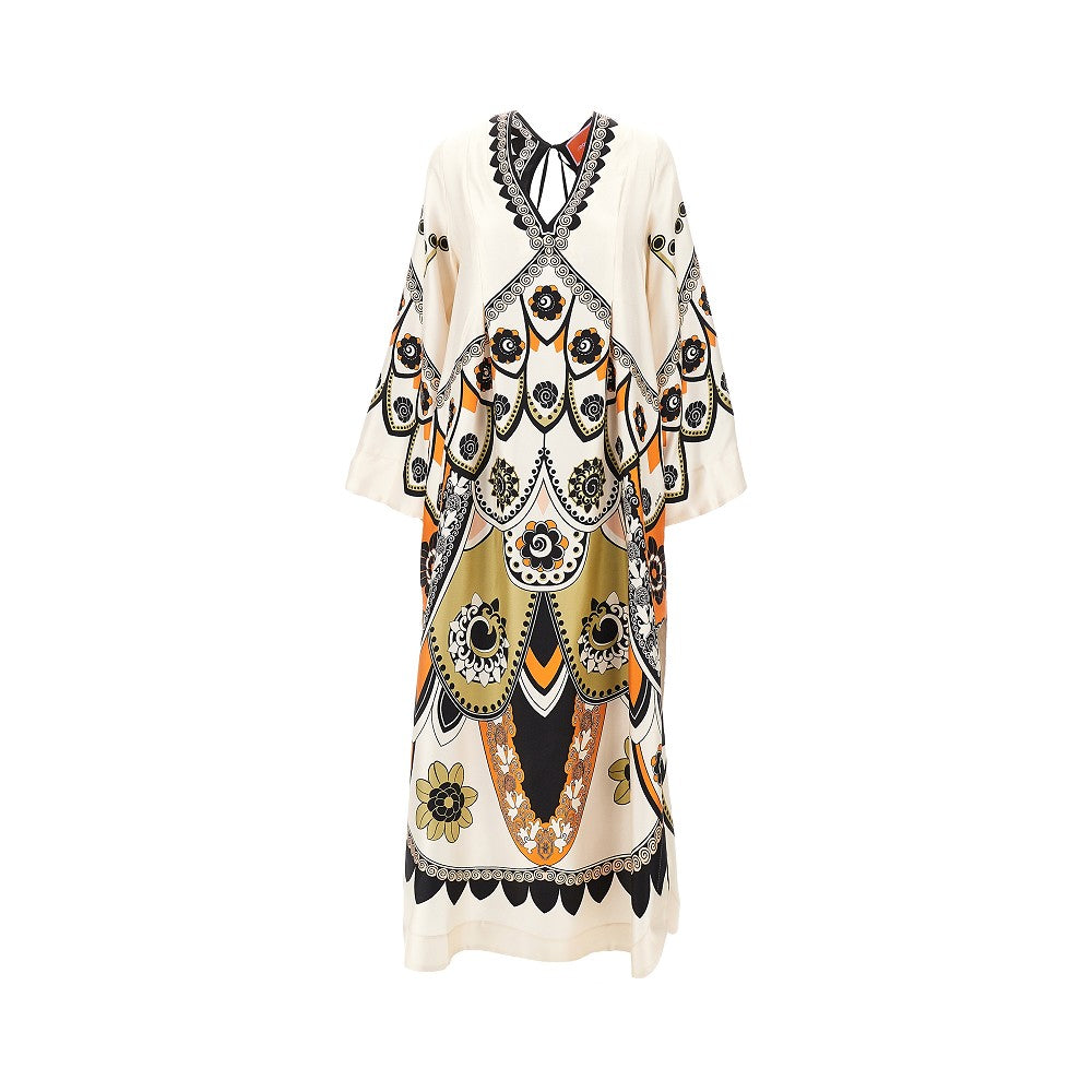 printed silk twin flame long dress