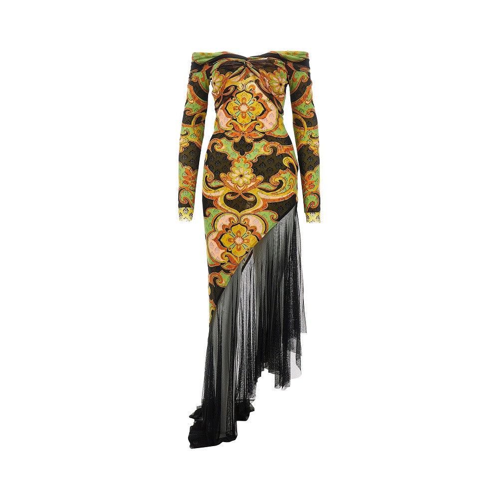 ETRO 44 tulle asymmetrical midi dress with flounce