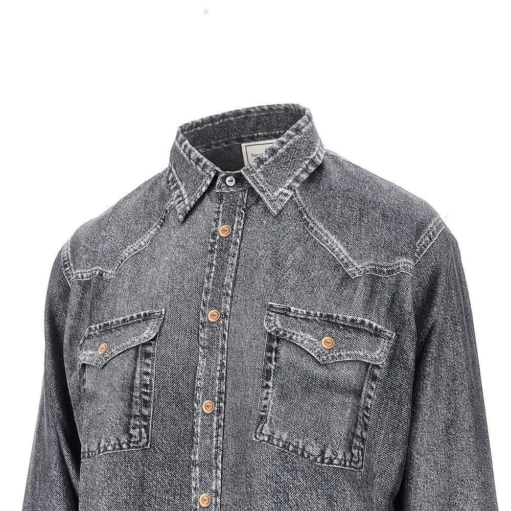 denim print silk shirt