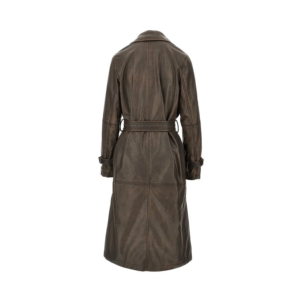 vintage effect faux leather trench coat