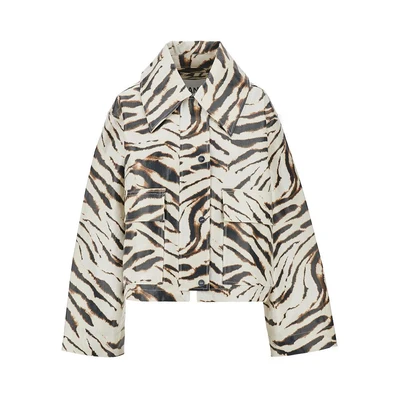 coated fabric jacket with zebra-striped print