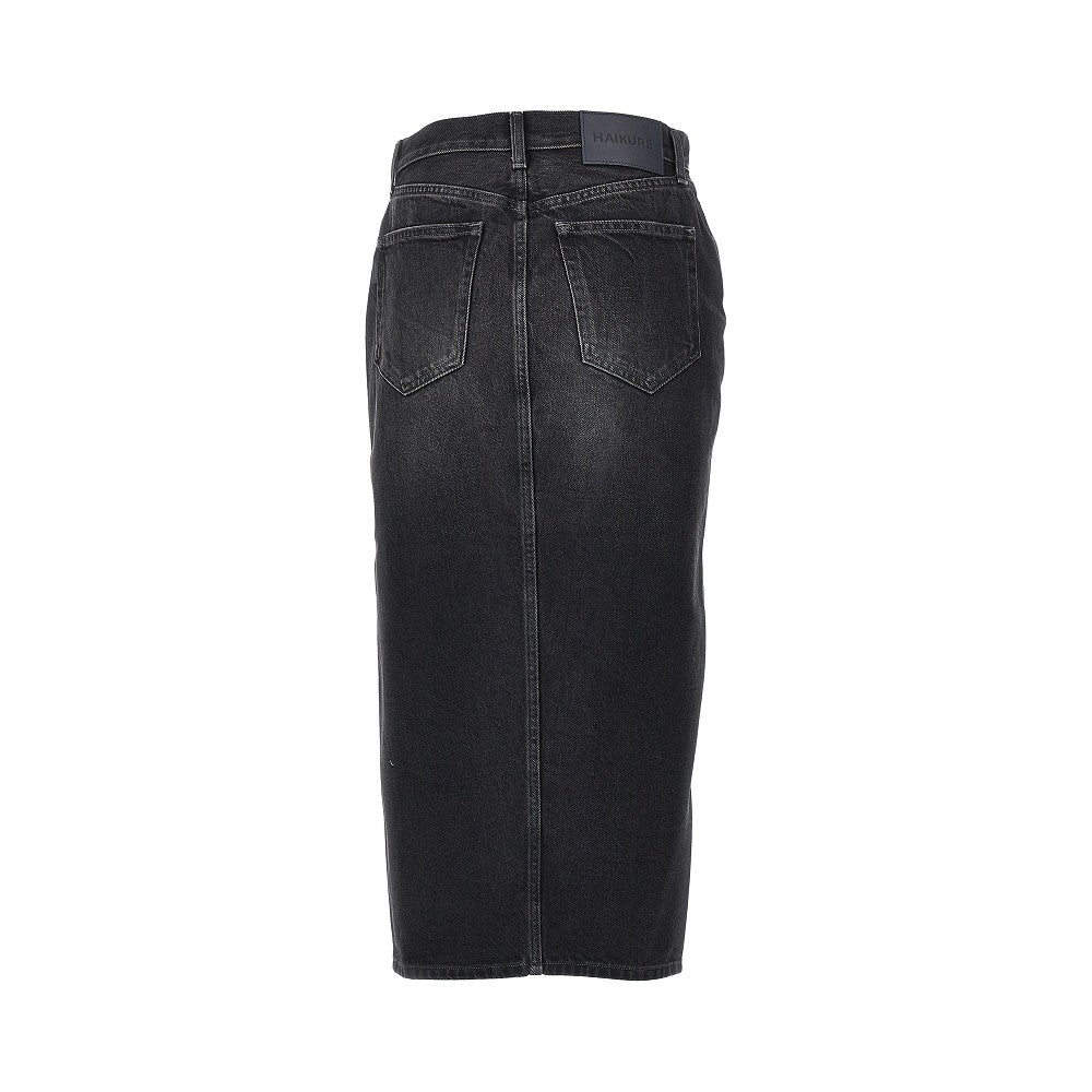 denim midi skirt with front zip
