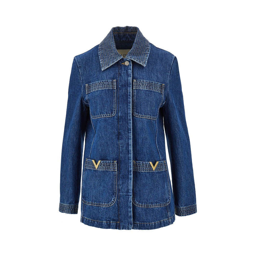 denim jacket with v gold details