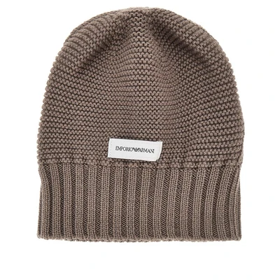 knitted beanie hat with logo label