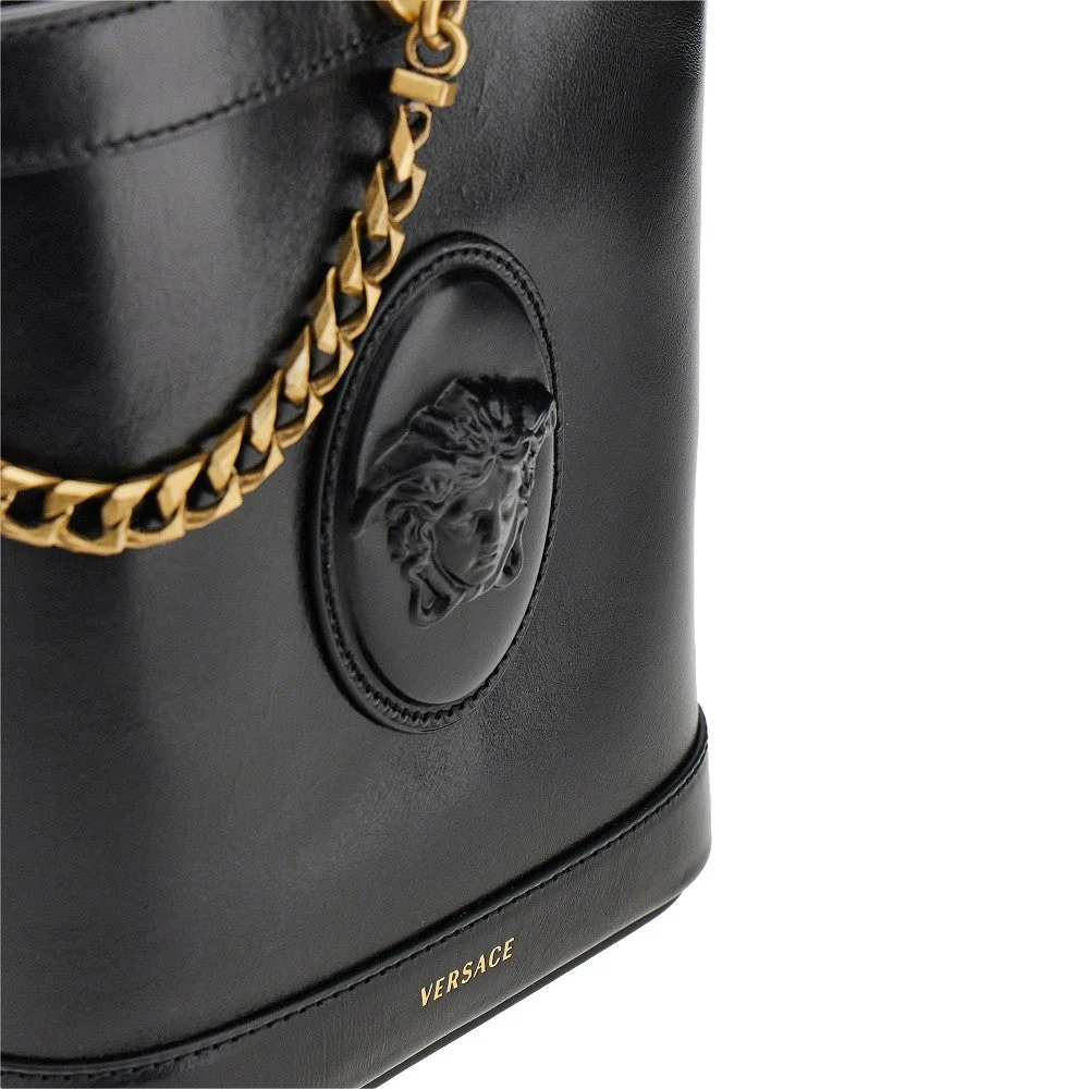 leather bucket bag with medusa patch