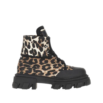 leopard-printed denim boots