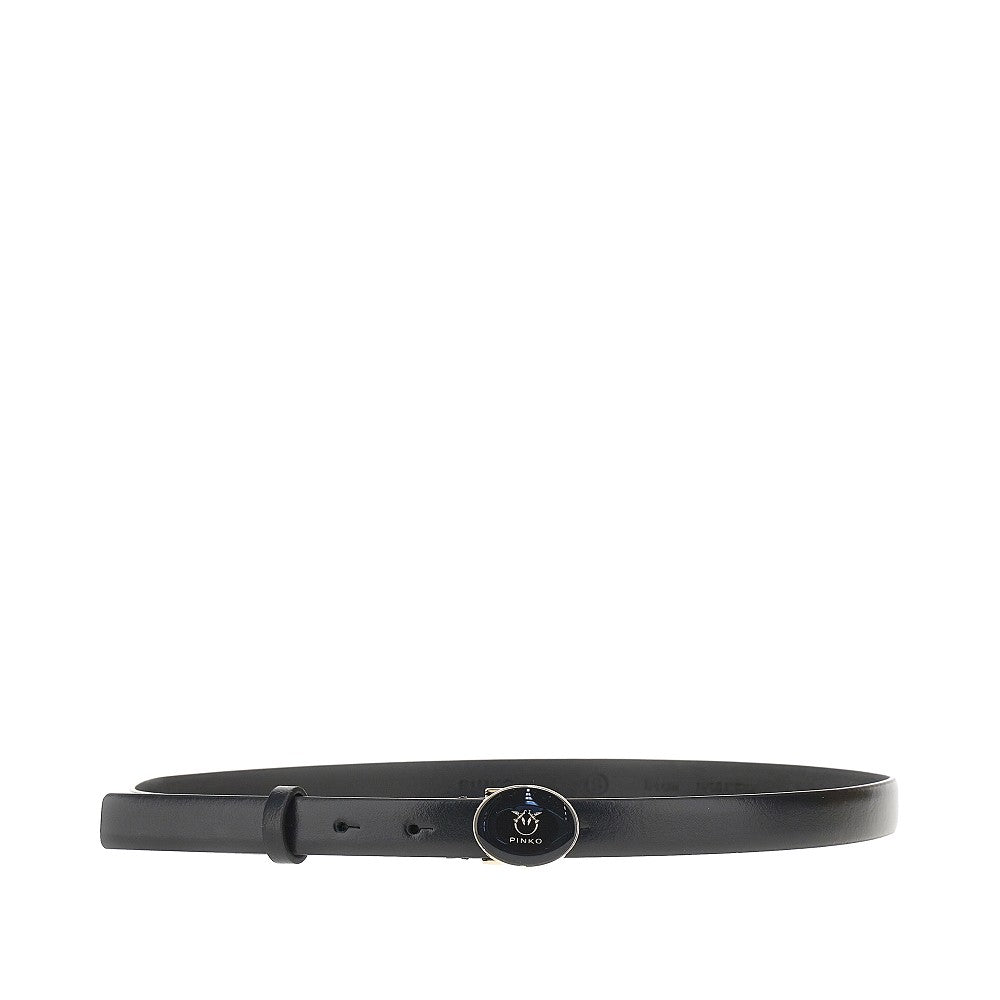 leather belt with enameled buckle